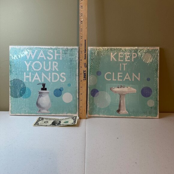 Wrapped canvas wall art for bathroom Wash your hands Keep it clean set of 2 - Picture 2 of 13
